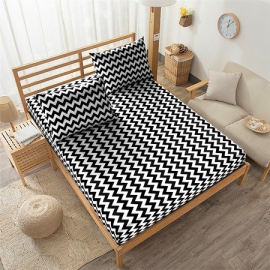 Ara Ölçü 120x200  1 Adet  Lastikli Çarşaf  + 1 Adet 50x70 Yastık Kılıfı  -  Siyah-Beyaz Zikzak Desenli