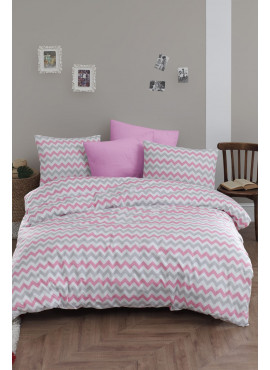 Çift Kişilik Lastikli Nevresim Takımı 200x220 - Pembe Zikzak Desenli