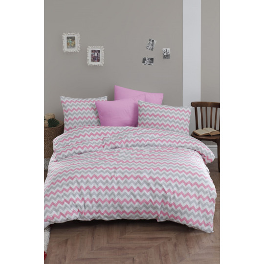 Çift Kişilik Lastikli Nevresim Takımı 200x220 - Pembe Zikzak Desenli