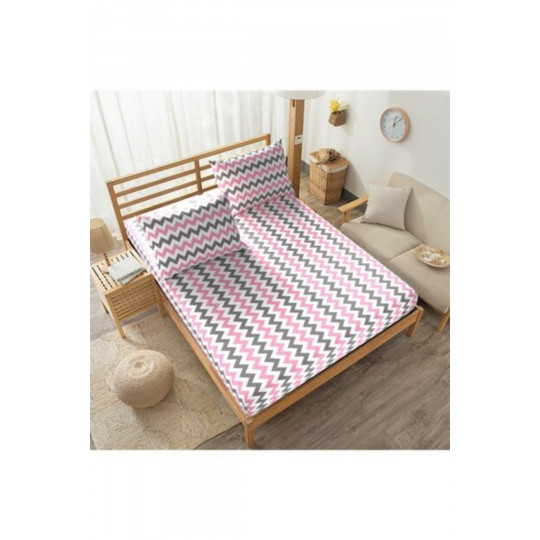Lastikli Çarşaf Takımı - Pembe Zikzak Desenli  120x200