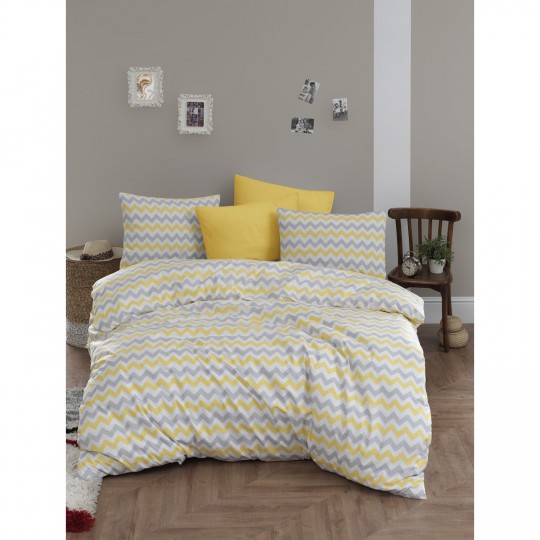 Çift Kişilik Lastiksiz Nevresim Takımı 200x220 - Sarı Zikzak Desenli